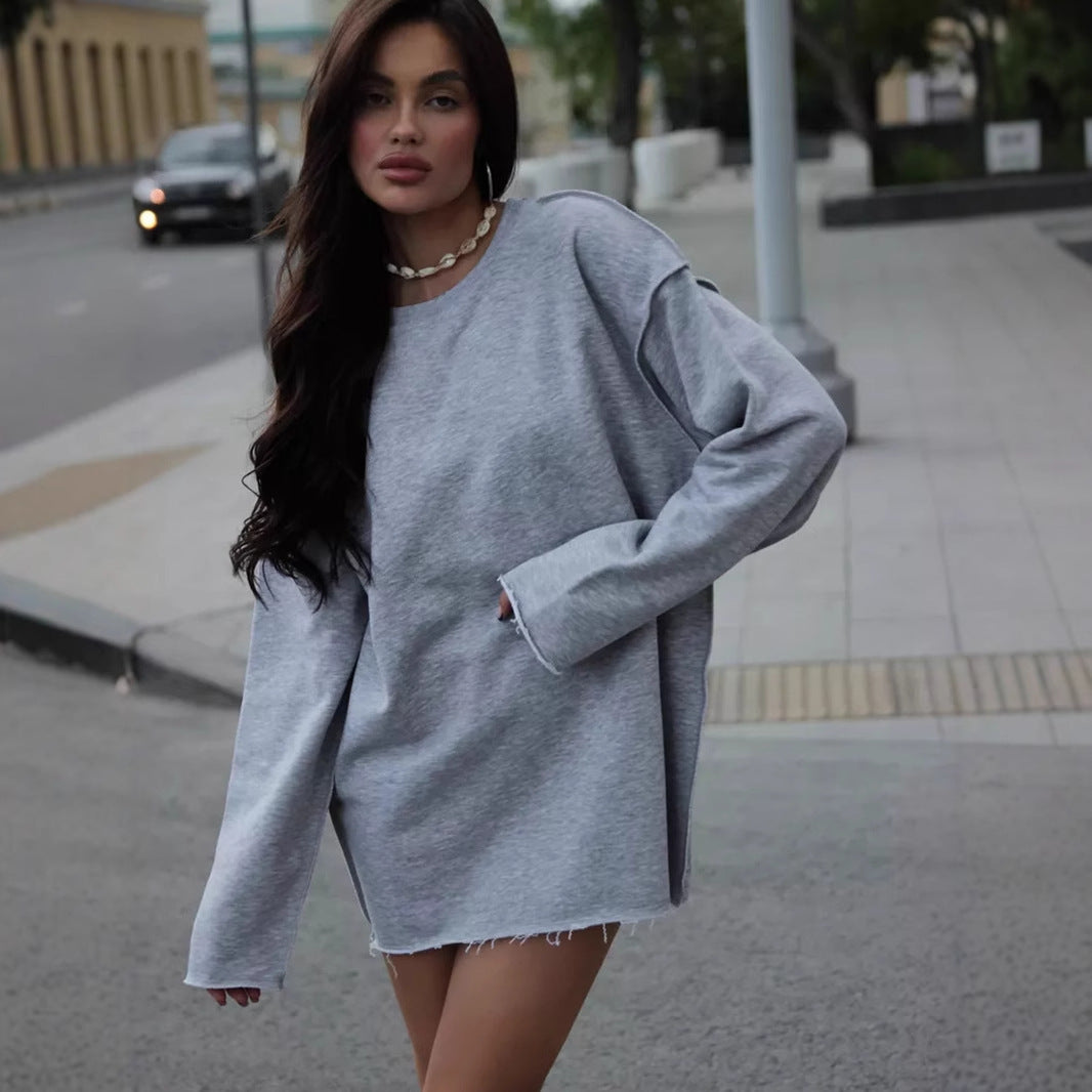 Damen oversized Sweatshirt mit ausgefranstem Saum und verlängerten Ärmeln EB