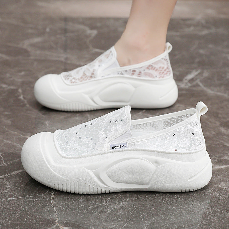 Damen bequeme Slip-On Sneakers mit luftiger Spitze und elastischem Riemen EB