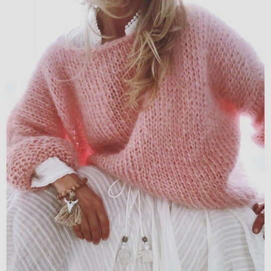 Damen Kurzgeschnitteter flauschiger Grobstrickpullover mit überschnittener Schulter EB