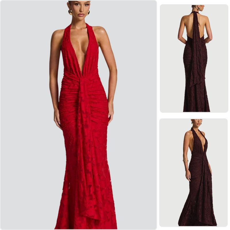 Damen Elegantes Maxikleid mit tiefem V-Ausschnitt und gerafftem Design EB