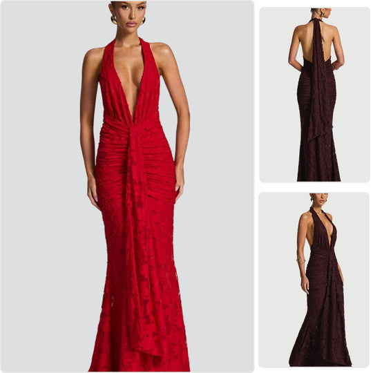 Damen Elegantes Maxikleid mit tiefem V-Ausschnitt und gerafftem Design EB