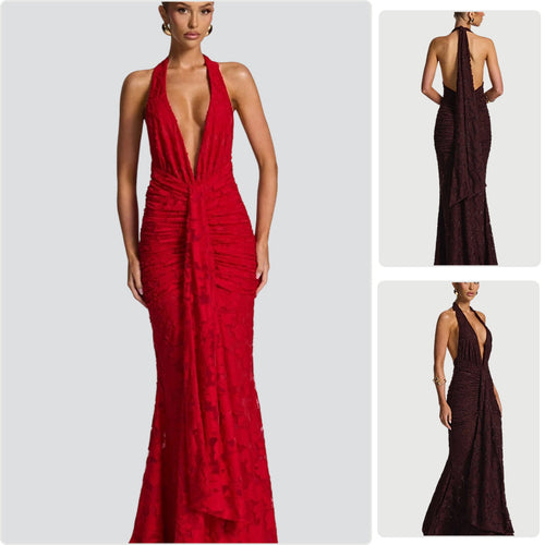 Damen Elegantes Maxikleid mit tiefem V-Ausschnitt und gerafftem Design EB