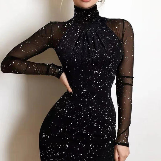 Damen Elegantes Etuikleid mit transparenten Ärmeln und raffinierter Raffung EB
