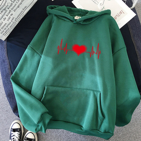 Unisex nan oversized Kapuzenpullover mit Herz-EKG-Print und Kängurutasche EB