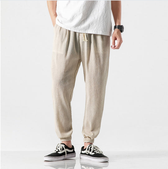 Herren nan lässige Leinen-Joggerhose mit Tunnelzug, strukturierter Oberfläche und elastischen Bündchen EB
