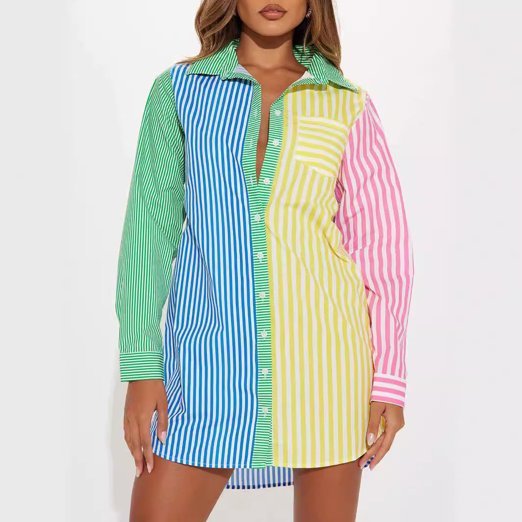 Damen Oversize Hemdblusenkleid mit mehrfarbigem Streifenblock EB