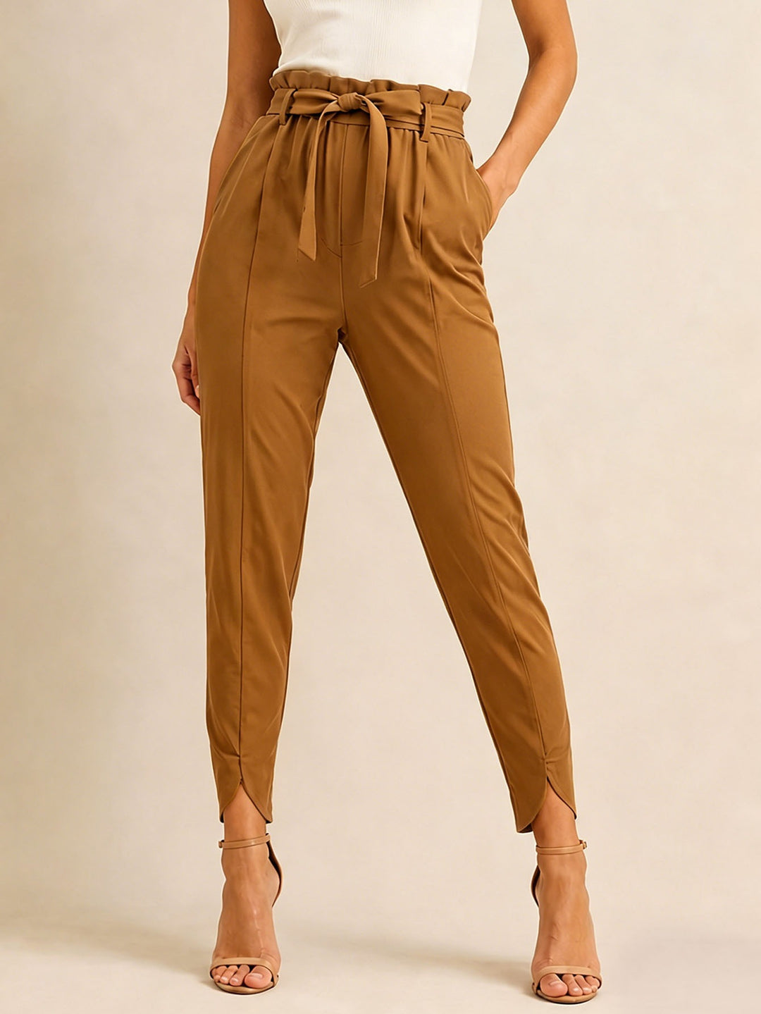 Damen nan hoch taillierte Paperbag-Hose mit Bindegürtel und geschlitztem Knöchelabschluss EB
