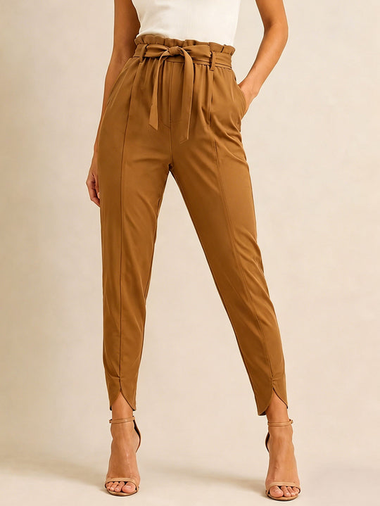 Damen nan hoch taillierte Paperbag-Hose mit Bindegürtel und geschlitztem Knöchelabschluss EB