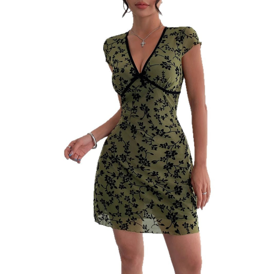 Damen Mini Kleid mit floralen Mustern und tiefem V-Ausschnitt EB