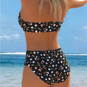 Damen Bandeau-Bikini mit floralem Muster und hohem Taillenschnitt EB