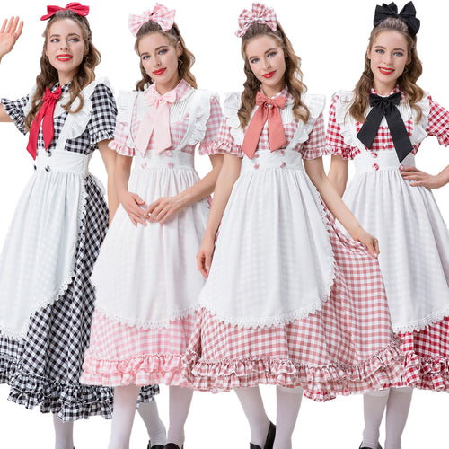 Damen nan Vintage-inspiriertes Karo-Swingkleid mit abnehmbarer Schürze, Rüschenärmeln und Schleifenkragen EB