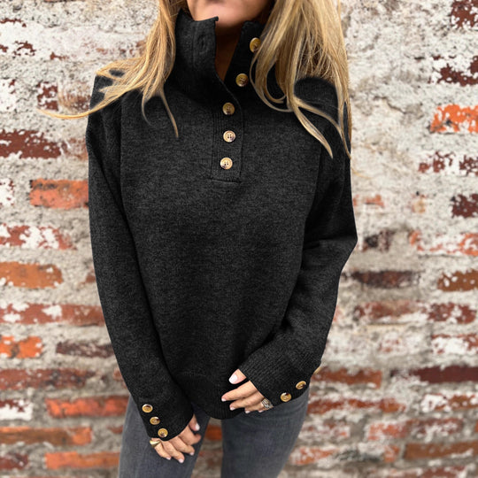 Damen modischer Strickpullover mit Knopfdetails und hohem Kragen EB