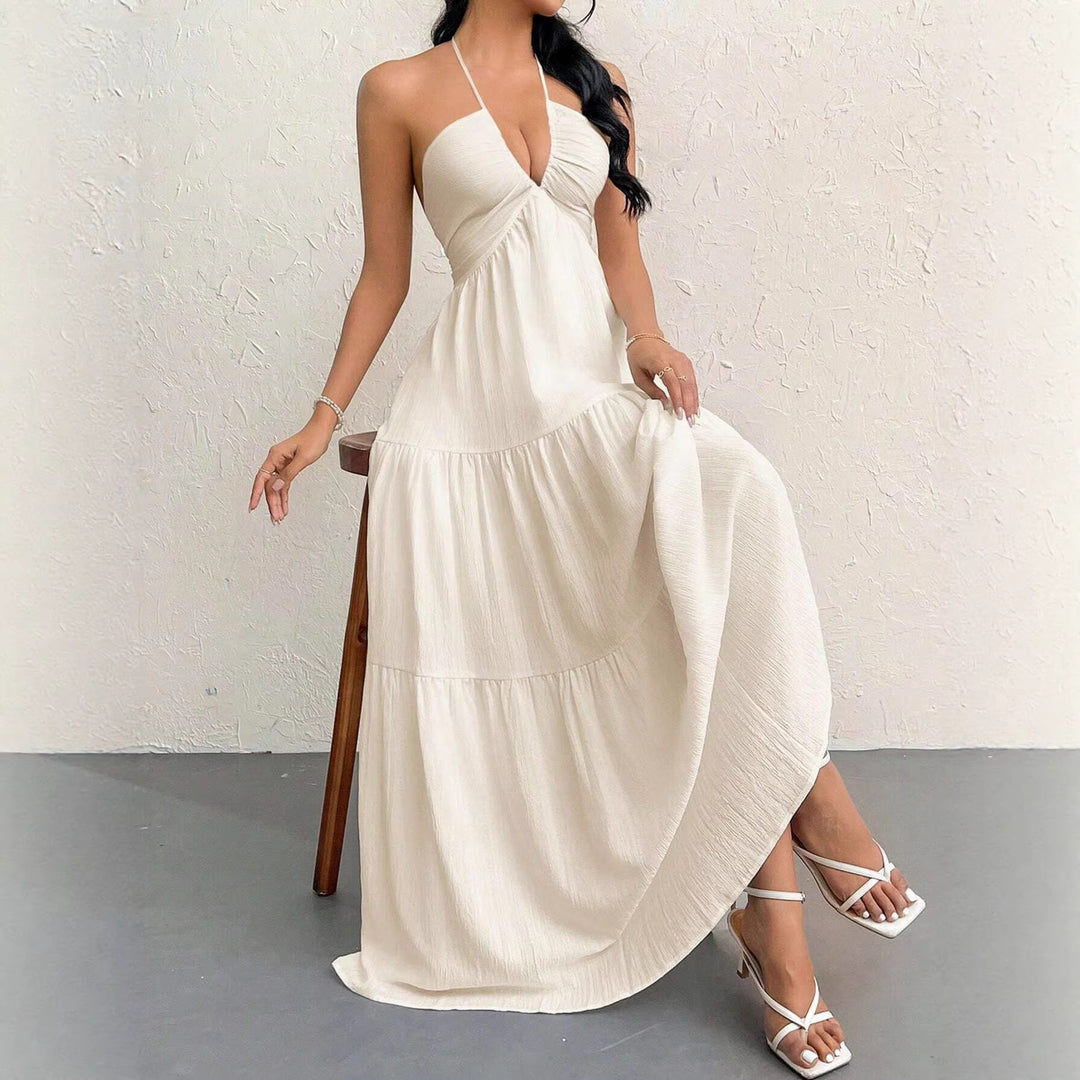 Damen Maxikleid mit tiefer Frontausschnitt und schwingendem Rock EB
