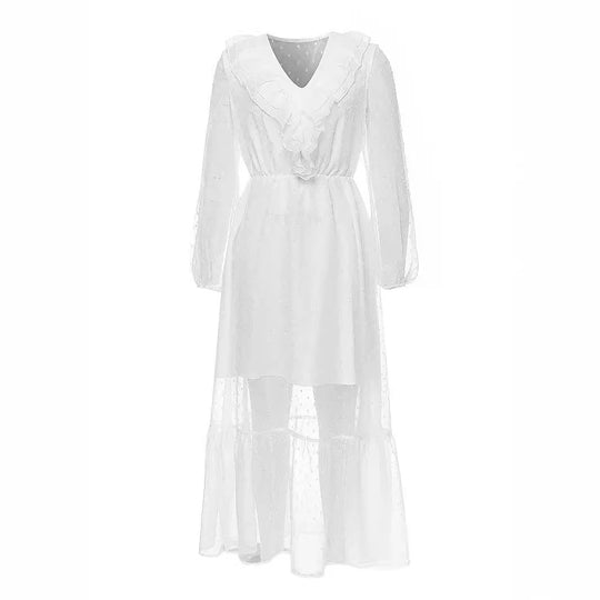 Damen Maxi-Kleid mit transparentem Rüschensaum und eleganter Taillierung EB