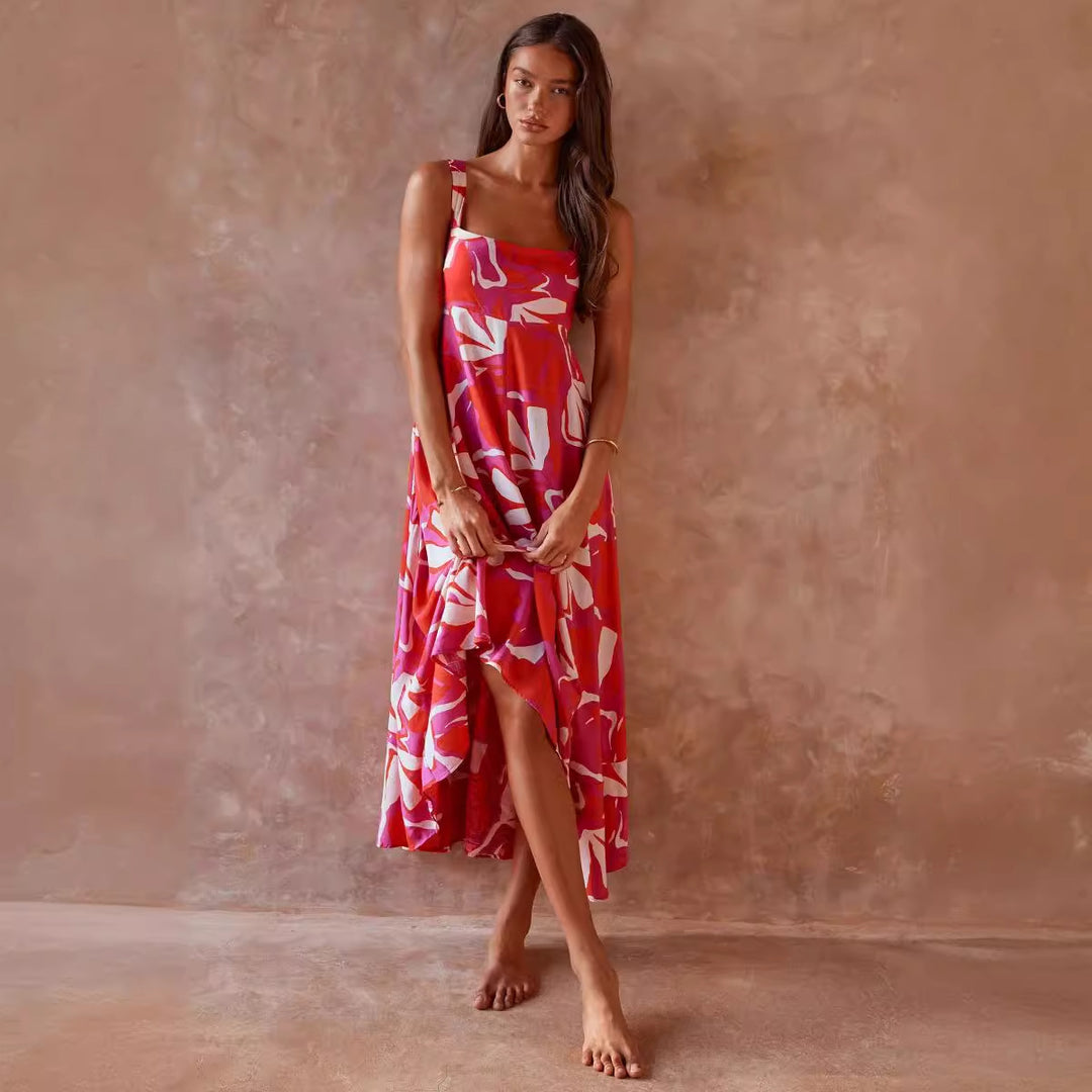 Damen Maxikleid mit lebhaftem floralem Design und schwingendem Rock EB