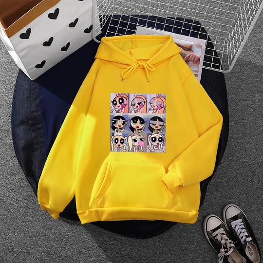 Damen nan lässiger Kapuzenpullover mit quadratischem Cartoon-Collageprint weiches Fleece Innenfutter und aufgesetzter Kängurutasche EB