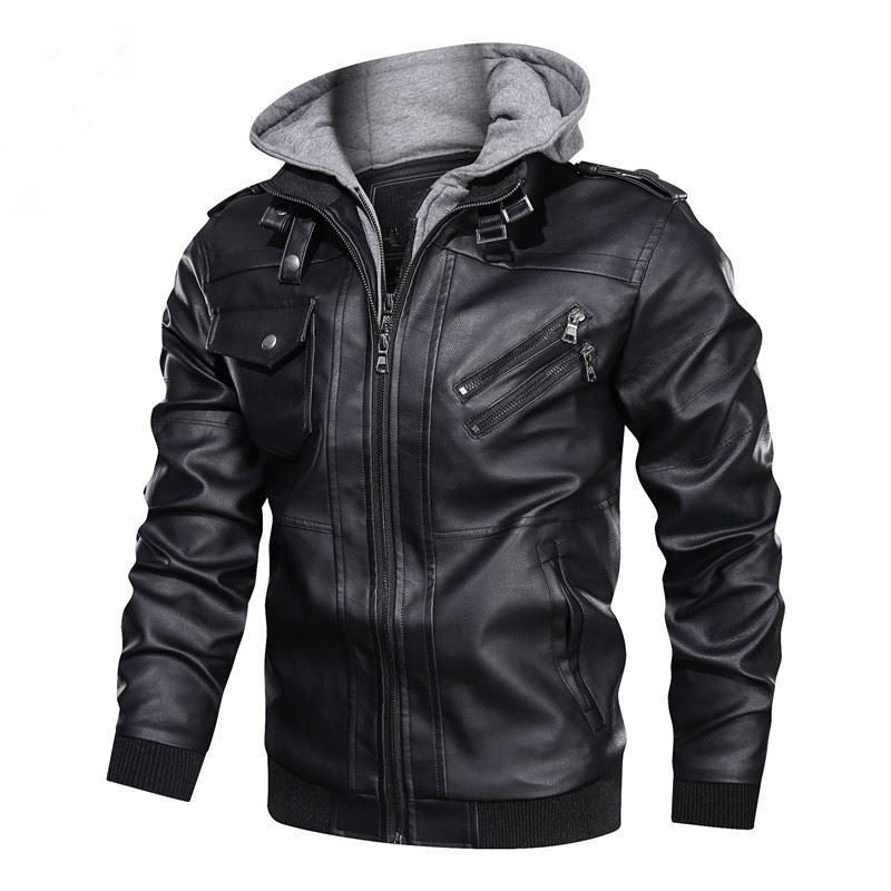 Herren flauschige Kunstlederjacke mit Hoodie EB