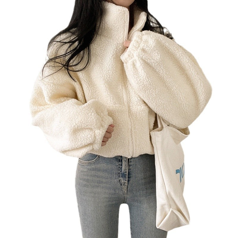 Damen kuschelige Fleece-Jacke mit hohem Kragen und Reißverschluss EB