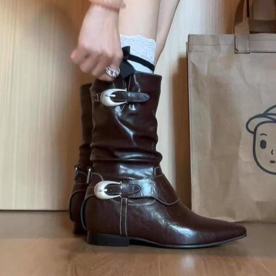 Damen modische Stiefel mit gerafftem Schaft und dekorativen Elementen EB
