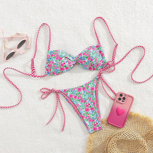 Damen Floral Bikini mit verstellbaren Bindegurten EB