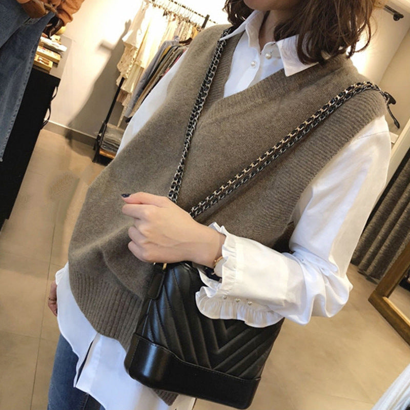 Damen Ärmellose Strickweste mit V-Ausschnitt und Rippdetails EB