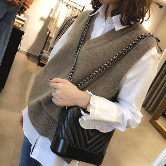 Damen Ärmellose Strickweste mit V-Ausschnitt und Rippdetails EB