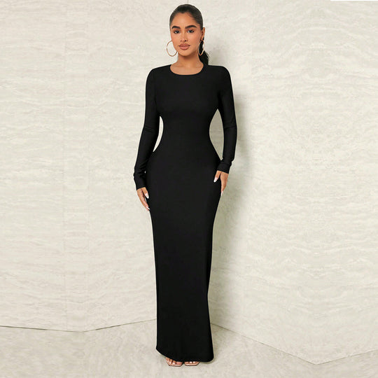 Damen figurnahes Maxikleid mit Rundhalsausschnitt, langem Arm und sculptender Taillenform Eichborn Berlin
