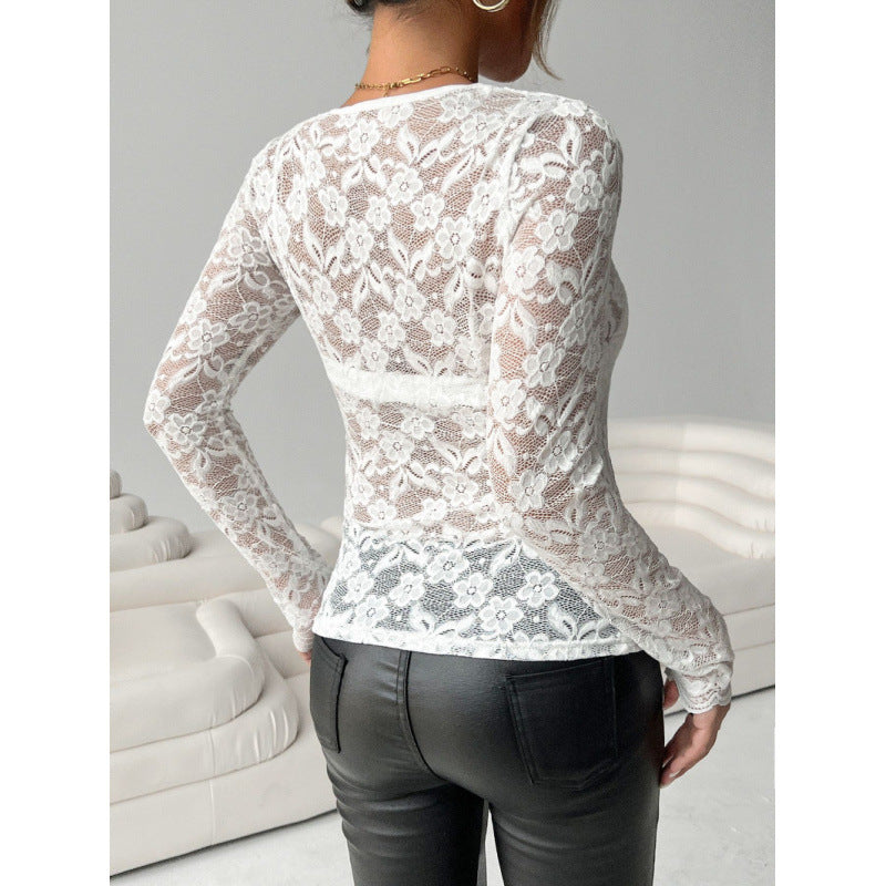 Damen Spitzenbodysuit mit elegantem V-Ausschnitt und langen Ärmeln EB