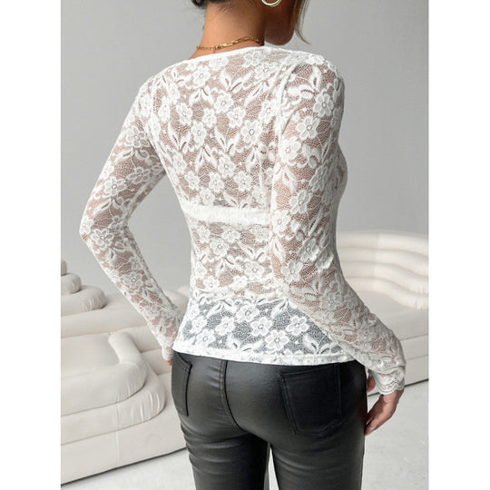 Damen Spitzenbodysuit mit elegantem V-Ausschnitt und langen Ärmeln EB