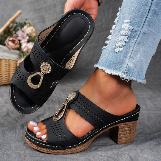 Damen modische Pantolette mit dekorativem Strassverschluss und komfortablem Blockabsatz EB