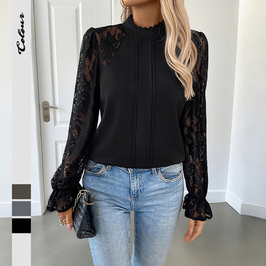 Damen Elegant-romantische Bluse mit gehäkelten Spitzenärmeln, Stehkragen und vertikalen Ziernähten EB