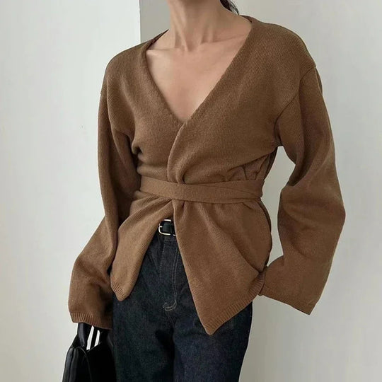 Damen Eleganter Strickmantel mit Wickeldesign EB