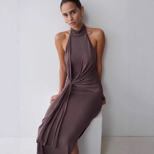 Damen Elegantes knöchellanges Wickelkleid mit tiefem Schlitz EB