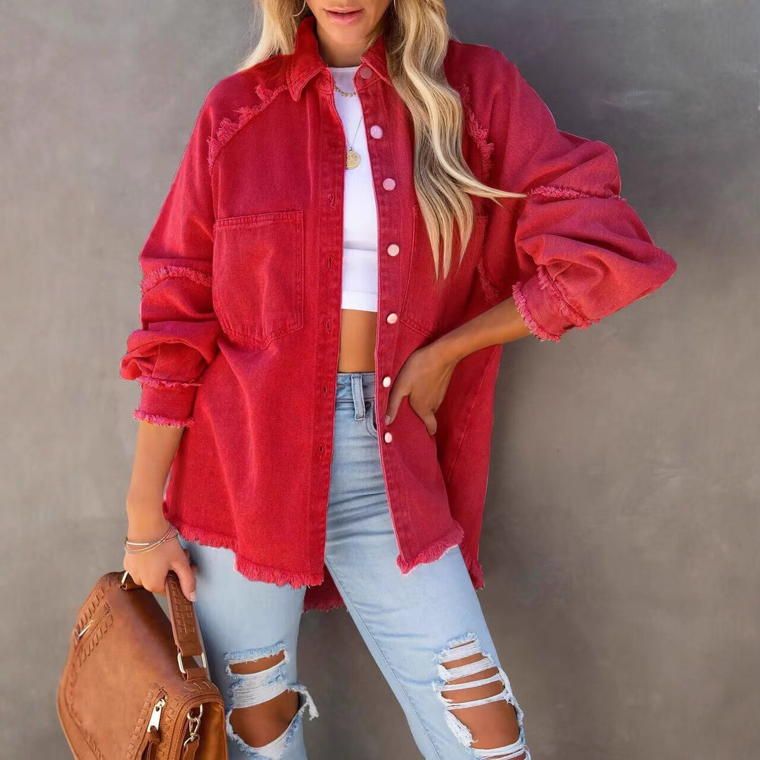 Damen nan oversized Hemdjacke im Used‑Look mit ausgefransten Kanten und aufgesetzten Pattentaschen EB