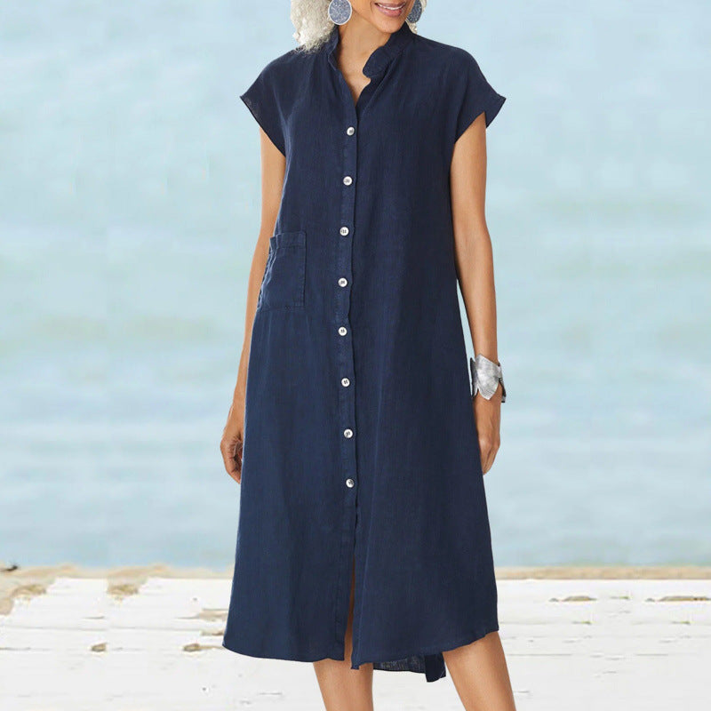 Damen lässiges Knopf-Blusenkleid aus leichtem Stoff mit Taschen EB