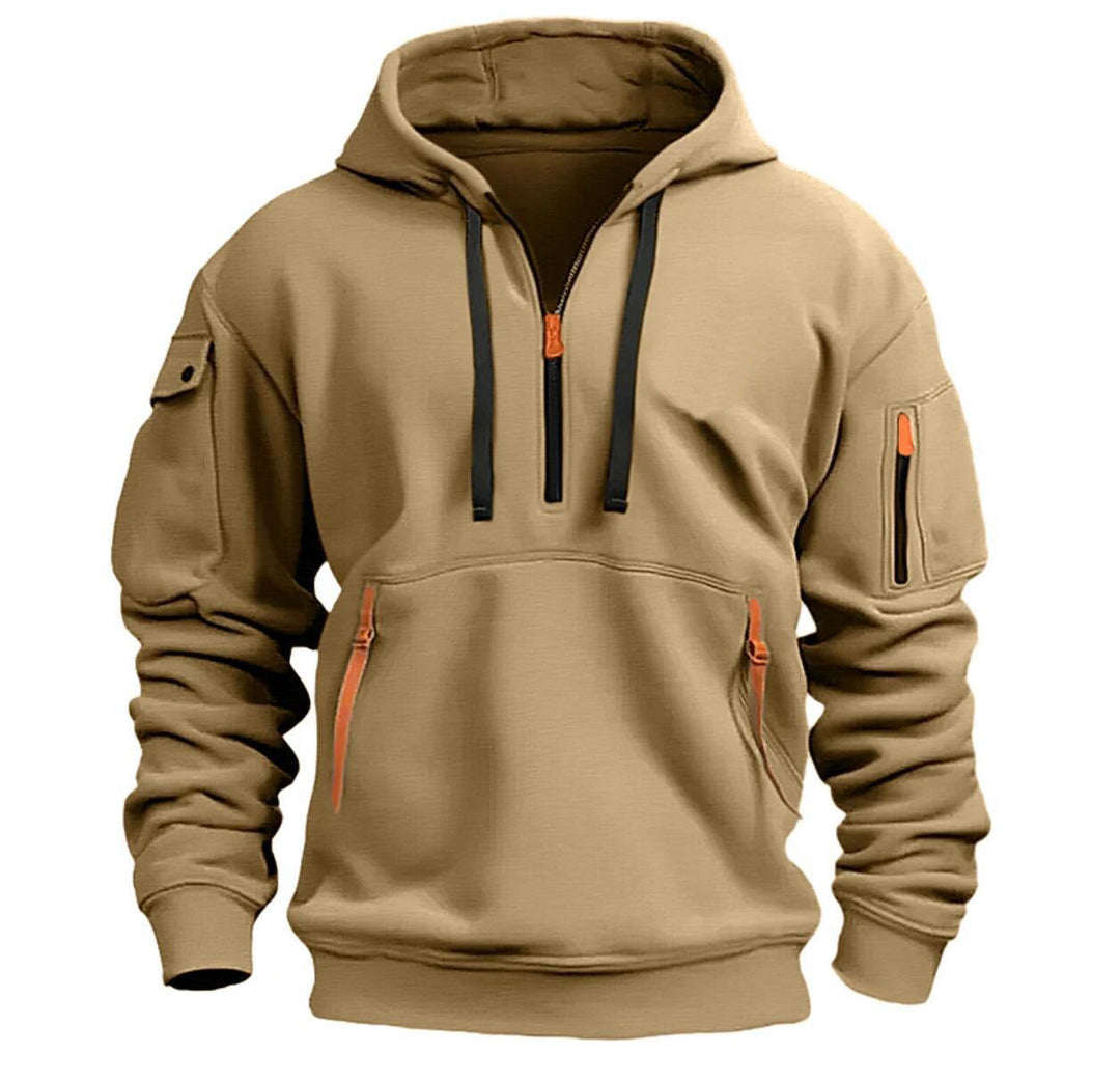 Herren nan funktionaler Kapuzenpullover mit halbem Reißverschluss, verschließbaren Taschen und Ärmel-Tasche EB