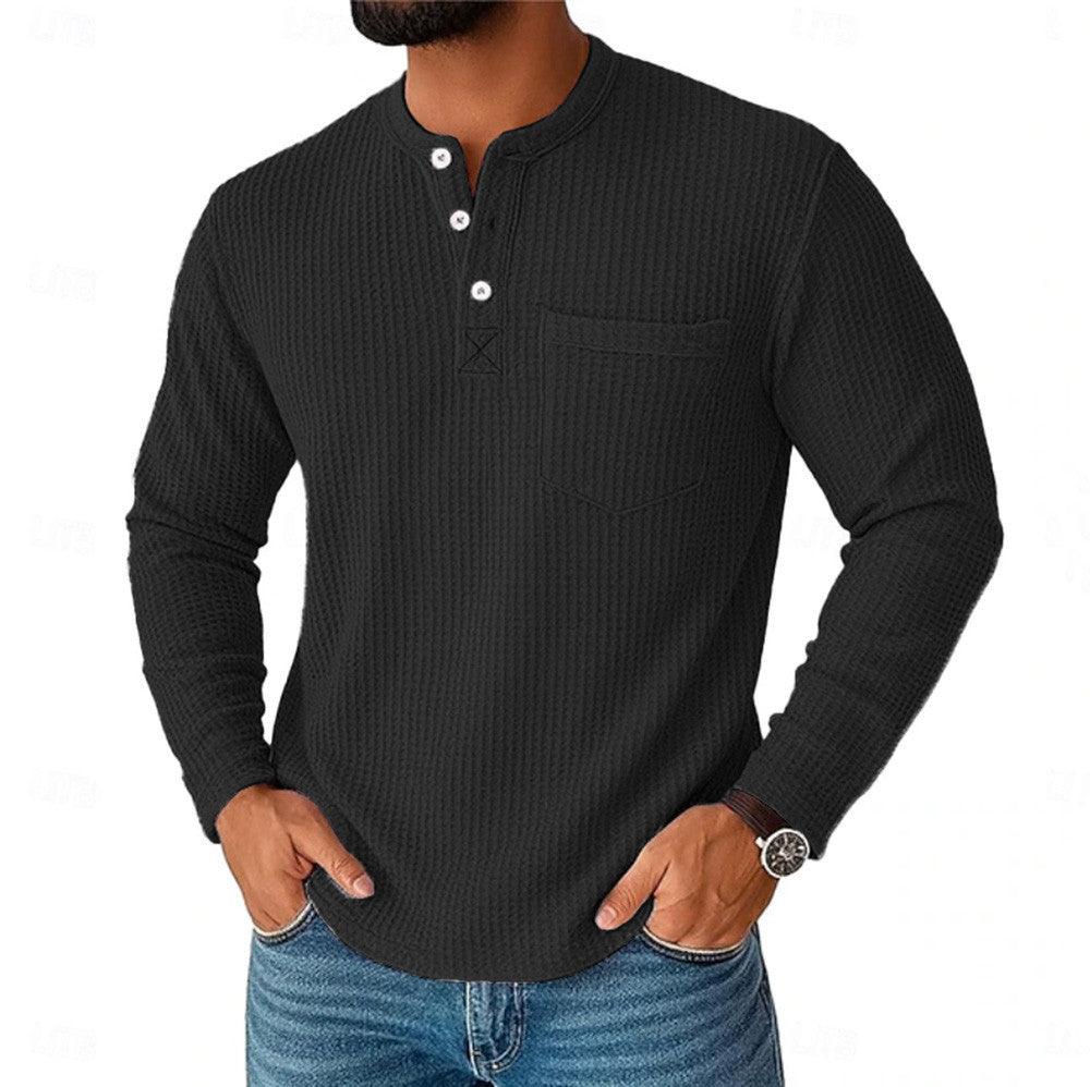 Herren nan Langarm Henley mit Waffelstruktur und Brusttasche thermisches Langarmshirt EB