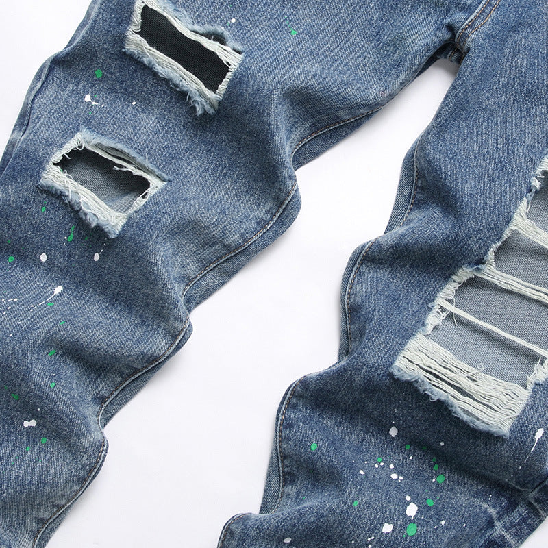 Herren Ripped Denim-Jeans mit kreativen Farbklecksen und lässigem Schnitt EB