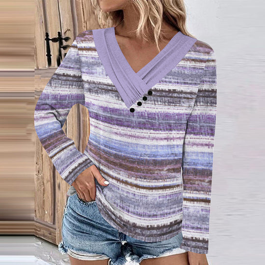 Damen Gerippter V-Ausschnitt Pullover mit Farbverlauf, Zierknöpfen und legerer Passform EB