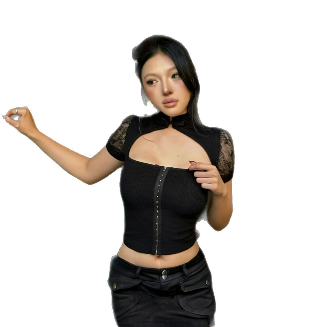 Damen stilvolles Oberteil mit transparenten Spitzeneinsätzen und elegantem Kragen EB