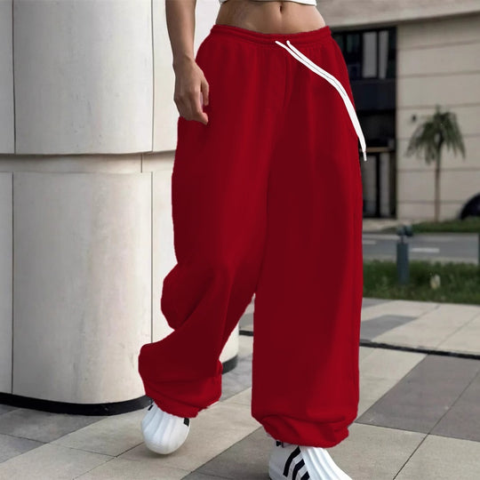 Damen nan weite Baggy-Jogginghose mit hohem Komfortbund, Kordelzug und elastischen Knöchelbündchen EB