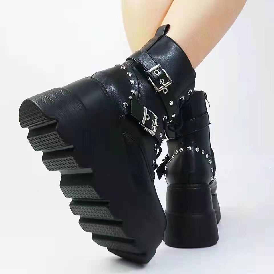 Damen Plateau-Stiefeletten mit modischen Schnallen und robuster Sohle EB
