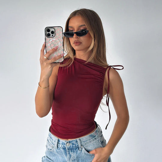 Damen asymmetrisches Top mit Rüschendetails und einseitigen Knoten EB