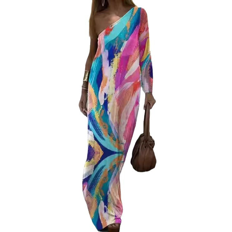 Damen asymmetrisches Maxikleid mit buntem Kunstdruck EB