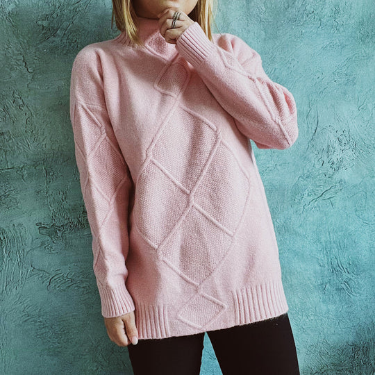 Damen Grobstrickpullover mit elegantem Rautenmuster und hohem Kragen EB