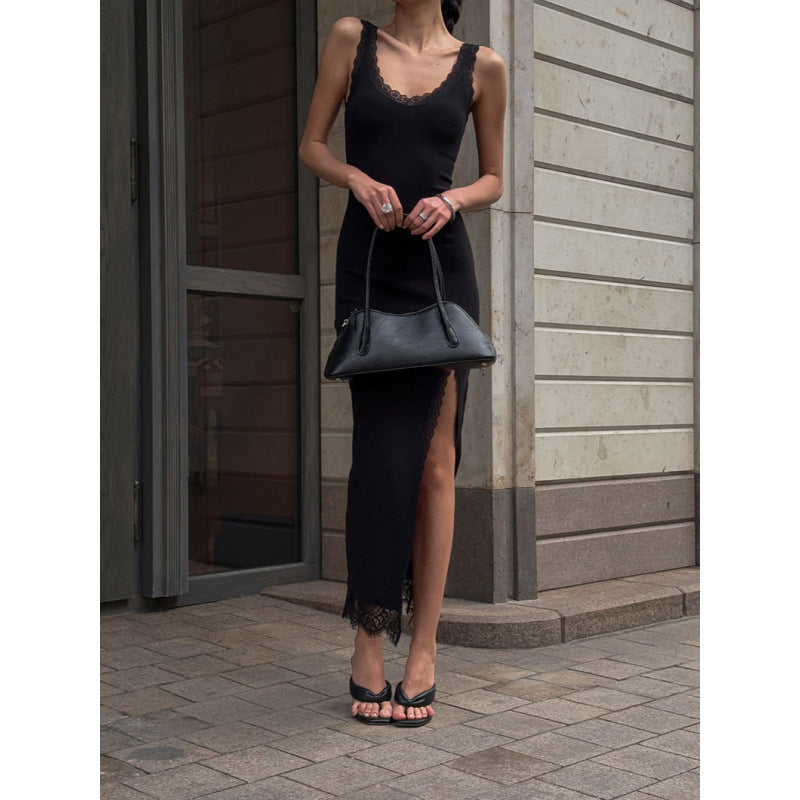 Damen Maxikleid mit Spitzenabschluss und hohem Schlitz EB
