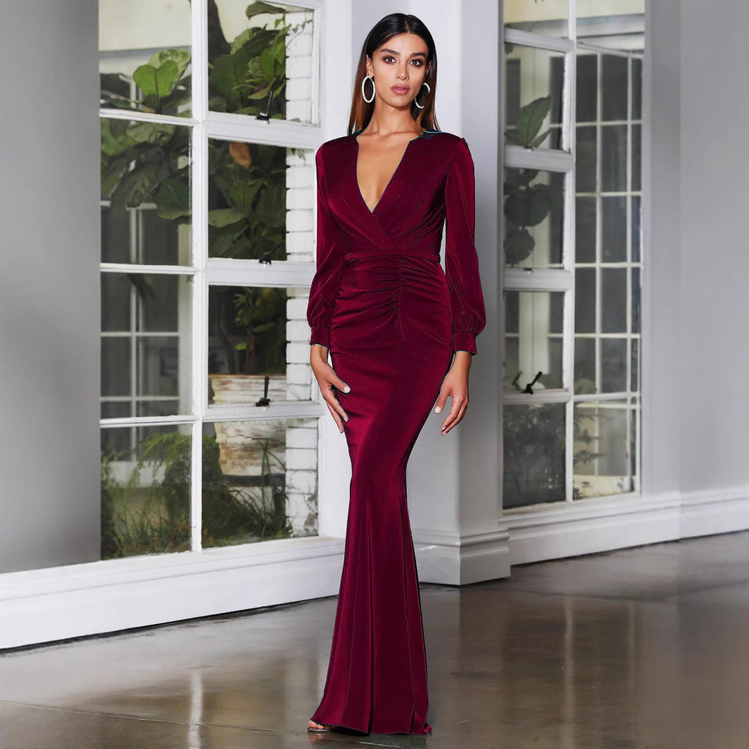 Damen Elegantes Wickelkleid mit Langarm und Raffungen EB