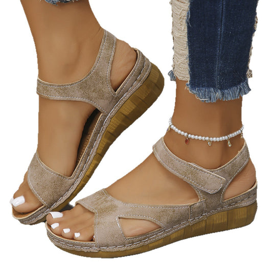 Damen elegante Wedge-Sandalen mit komfortablem Riemendesign und natürlicher Holzsohle EB