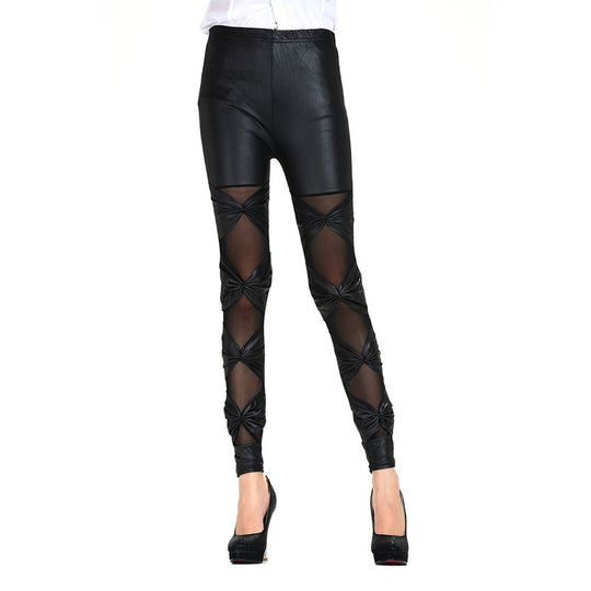 Damen Leggings mit transparenten Einsätzen und dekorativen Knoten EB