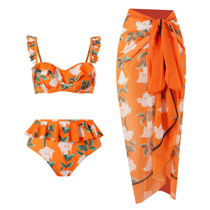 Damen Bikini-Set mit floralem Rüschendesign und elegantem Wickelrock EB